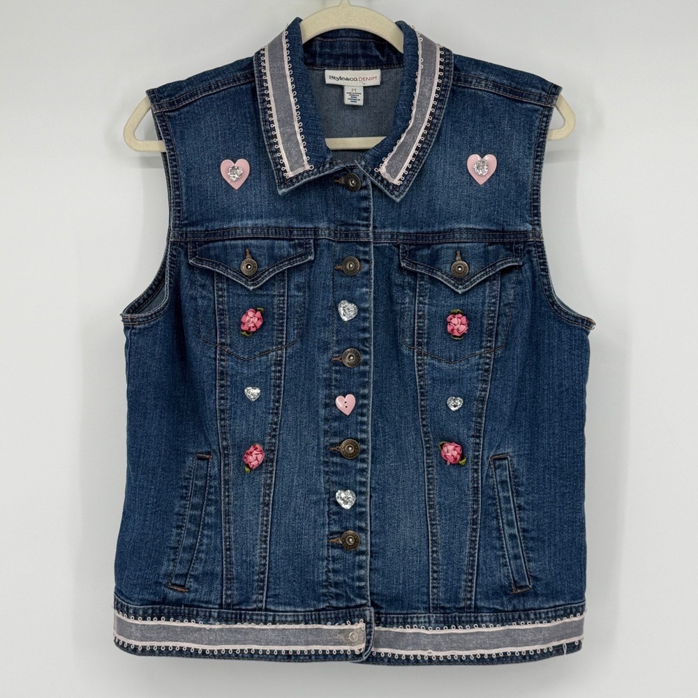 Style & Co Denim Vest Womens M Upcycled Heart Rose Embellished Coquette Y2K